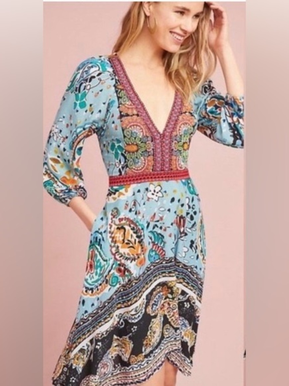Anthropologie Akemi + Kin Karmina Blue Beaded Floral Paisley Midi Dress Size 4 - Picture 7 of 15
